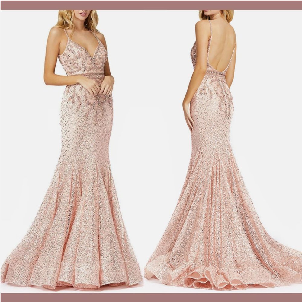 NWT $998 Mac Duggal [ 8] Beaded‎ Lace Bodice Trumpet Backless Gown in Blush Q660